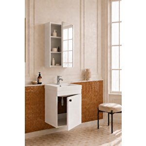 Mimoza 50 Cm, Mdf, Lavabolu, Aynalı Banyo Dolabı Seti, Seramik Lavabo Dahil, Beyaz, Mdf
