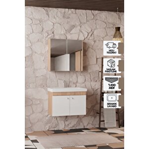 Milano 80 Cm, Lavabolu Banyo Dolabı Seti, Lavabo Dahil, Ayna Dahil, Sonomo Meşe, Mdf