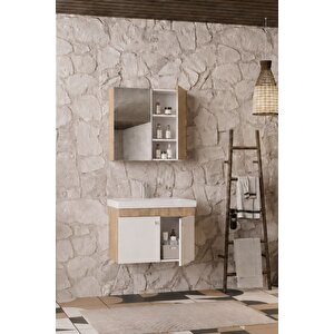 Milano 80 Cm, Lavabolu Banyo Dolabı Seti, Lavabo Dahil, Ayna Dahil, Sonomo Meşe, Mdf
