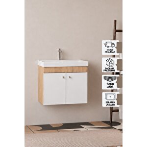 Milano 60  Cm, Lavabolu Alt Banyo Dolabı, Kapaklı Banyo Dolabı, Seramik Lavabo Dahil, Mdf