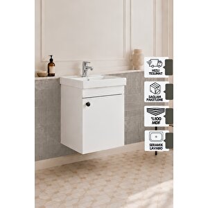 Mimoza 50 Cm, Mdf, Lavabolu Alt Banyo Dolabı, Kapaklı Banyo Dolabı, Seramik Lavabo Dahil, Mdf