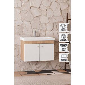 Milano 80 Cm, Lavabolu Alt Banyo Dolabı, Kapaklı Banyo Dolabı, Seramik Lavabo Dahil, Mdf