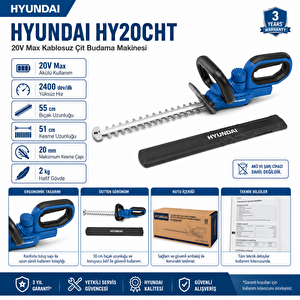 Hy20cht 20v Max Akülü Çit Budama Makinesi 55 Cm Bıçak 20 Mm Kesim Akü Ve Şarj Cihazı Hariç
