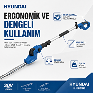 Hy20cpht 20v Max Akülü Uzun Saplı Çit Budama Makinesi 16 Mm Kesim Akü Ve Şarj Cihazı Hariç