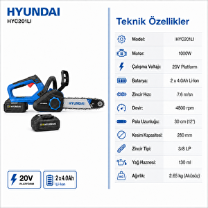 Hyc201li 20v Akülü Zincirli Testere 2x4.0ah Bataryalı 12 İnç