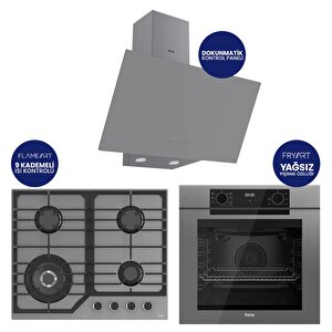 Fryart Digital Asimetrik Gri Cam Ankastre Set Qep63cpr+nt028-wfa+d079