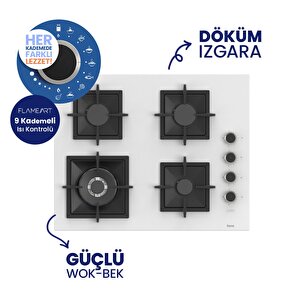 Sc406 65 Cm Wok Gözlü Beyaz Cam Ankastre Ocak (döküm Izgara)