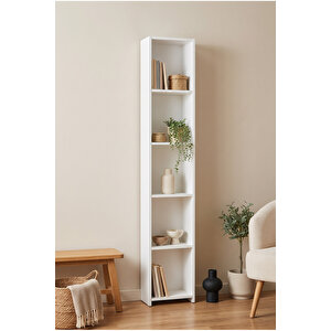 Kitaplık 5 Raflı Dar Açık Raf Kitap Dekorasyon Rafı Ofis Salon Çalışma Odası Kitaplığı Beyaz 38 Cm