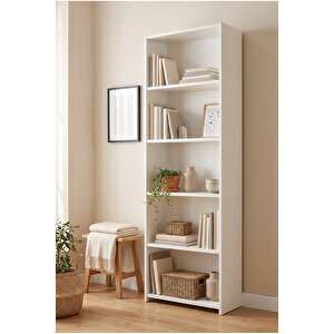 Kitaplık 5 Raflı Açık Raf Kitap Dosya Dekorasyon Rafı Ofis Salon Çalışma Odası Kitaplığı Beyaz 57 Cm