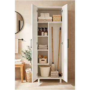 Banyo Dolabı 2 Kapaklı Uzun Boy Süpürge Nişli Raflı Çok Amaçlı Temizlik Dolabı Beyaz 61 Cm