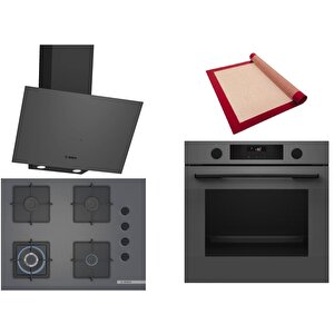 Gri 3 Lü Ankastre Set 524 ( Hua736en0t - Poh7c9p31o - Dwk64pj70t ) 67cm Wok Bek Ocak - Buhar Destekli - Pişirme Matı Ile