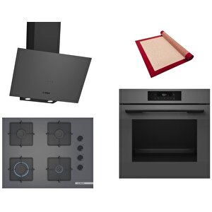 Gri 3 Lü Ankastre Set 575 ( Hjg852yn0t - Pop7c9p31o - Dwk64pj70t ) 67cm Ocak - 3d Fry Hava Ile Kızartma - Pişirme Matı Ile