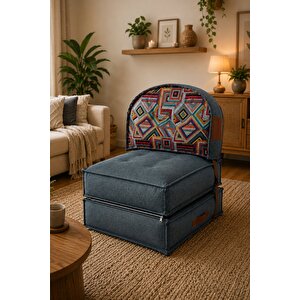 Pufymax Comfy Plus Oval Bohem Tekli Koltuk Yatak Olabilen Katlanır Berjer & Modüler Yer Yatağı 75x75x 90 Cm Yeşil Desenli