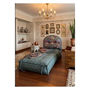 Pufymax Comfy Plus Oval Bohem Tekli Koltuk Yatak Olabilen Katlanır Berjer & Modüler Yer Yatağı 75x75x 90 Cm Yeşil Desenli