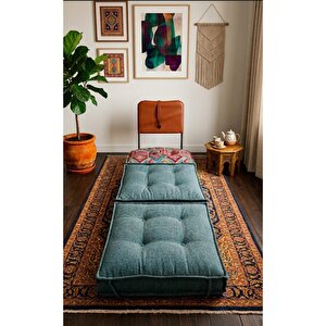 Pufymax Comfy Plus Oval Bohem Tekli Koltuk Yatak Olabilen Katlanır Berjer & Modüler Yer Yatağı 75x75x 90 Cm Yeşil Desenli