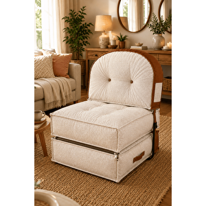 Pufymax Comfy Zen Oval Bohem Tekli Koltuk Yatak Olabilen Katlanır Berjer & Modüler Yer Yatağı 75x75x 90 Cm Ekru