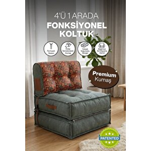 Pufymax Comfy Plus Minder Koltuk Modüler Yer Koltuğu Sırt Destekli Oturma Minderi 75x75x85cm Yıkanabilir Fermuarlı Yeşil/desenli