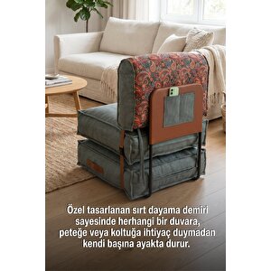Pufymax Comfy Plus Minder Koltuk Modüler Yer Koltuğu Sırt Destekli Oturma Minderi 75x75x85cm Yıkanabilir Fermuarlı Yeşil/desenli