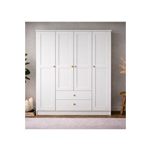 Spri̇ng 4 Kapakli Gardirop - Mat Beyaz - Çekmeceli̇ - Rafli - Boyali Kapak 180 cm