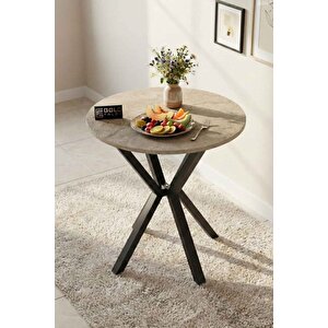 Falez 70 Cm Yuvarlak Mutfak Masası Metal Ayaklı Modern Yemek Balkon Bahçe Kafe Masası Traverten 9821