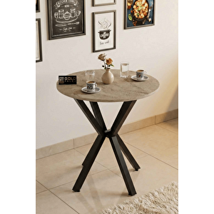 Falez 70 Cm Yuvarlak Mutfak Masası Metal Ayaklı Modern Yemek Balkon Bahçe Kafe Masası Traverten 9821