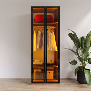 Aura 2 Füme Camlı Alimünyum Kapaklı Çekmecesiz Giyinme Dolabı Led Askılıklı Tamamı Mdf
