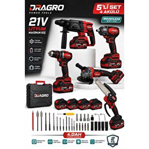 21v Darbeli Kömürsüz Kırıcı Delici Hilti & Taşlama & Matkap & Somun Sıkma Sökme Dal Budama 5 Li Set 4 Akülü