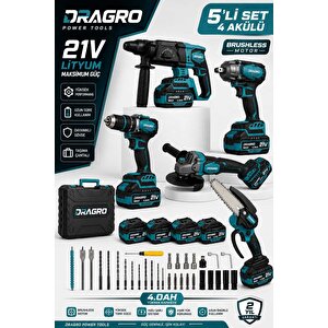 21v Darbeli Kömürsüz Kırıcı Delici Hilti & Taşlama & Matkap & Somun Sıkma Sökme Dal Budama 5 Li Set 4 Akülü