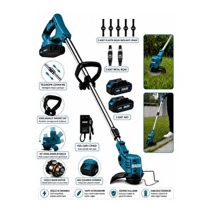 21v Kömürsüz Motor Çift Akü Uzatmalı Kollu Çalı Ot Biçme Şarjlı Tırpan 2 Akülü
