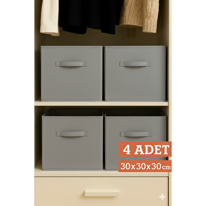 4’lü Gri Kumaş Dolap İçi Düzenleyici Kutu - 30x30x30 Cm Katlanabilir Çok Amaçlı Saklama Kutusu