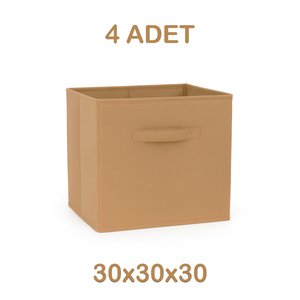 4’lü Bej Kumaş Dolap İçi Düzenleyici Kutu - 30x30x30 Cm Katlanabilir Çok Amaçlı Saklama Kutusu