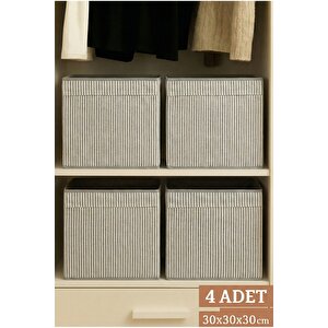 4’lü Gri Çizgili Kumaş Dolap İçi Düzenleyici Kutu - 30x30x30 Cm Katlanabilir Çok Amaçlı Saklama Kutusu