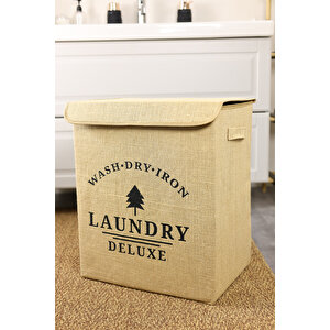 Laundry Baskılı Kapaklı Jüt Çamaşır Kirli Kıyafet Kutusu Büyük Boy 30 X 40 X 50
