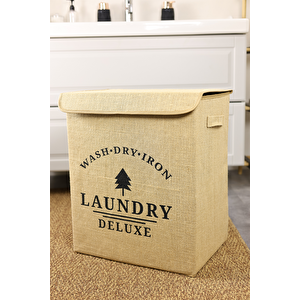 Laundry Baskılı Kapaklı Jüt Çamaşır Kirli Kıyafet Kutusu Büyük Boy 30 X 40 X 50