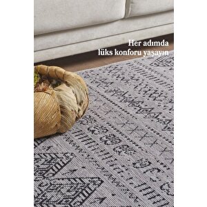 Bohem Tarz Dekoratif Pamuk Taban Şönil Kilim Gri Renk Halı 200x500 cm