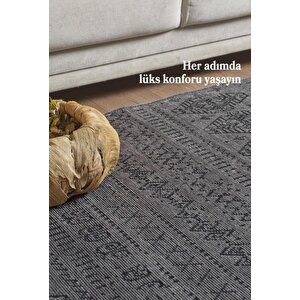 Bohem Tarz Dekoratif Pamuk Taban Şönil Kilim Antrasit Renk Halı 120x450 cm