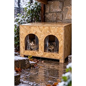 2 Bölmeli Yetişkin Kedi Evi, Kedi Barınağı, Sokak Hayvanları İçin Kedi Barınağı, Kedi Yuvası, Rüzgar ve Soğuğa Dayanıklı Ahşap 61x41x36 cm CAT50