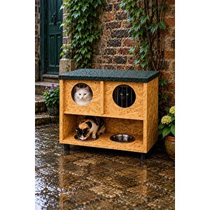 Narım 2 Bölmeli Kedi Evi Ve Mamalık Yağmura Dayanıklı Dış Mekan Büyük Boy Kedi Barınağı 60x60x36 Cm Büyük Boy, Monteli Teslimat