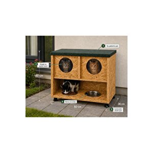 Narım 2 Bölmeli Kedi Evi Ve Mamalık Yağmura Dayanıklı Dış Mekan Büyük Boy Kedi Barınağı 60x60x36 Cm Büyük Boy, Monteli Teslimat