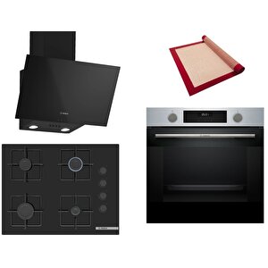 Siyah 3 Lü Ankastre Set 568 ( Hua717br0t - Pop7c6p31o - Dwk63pj60t(61t) ) 67cm Ocak - Buhar Destekli - Pişirme Matı Ile