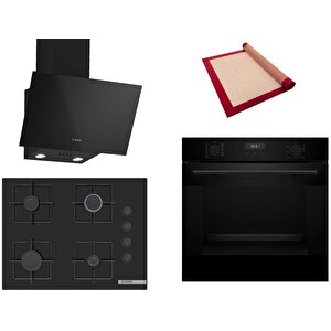 Siyah 3 Lü Ankastre Set 566 ( Hua717ba0t - Pop7c6p31o - Dwk63pj60t(61t) ) 67cm Ocak - Buhar Destekli - Pişirme Matı Ile