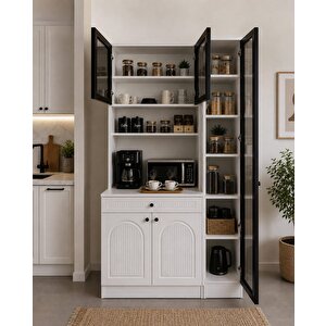 Premium Reflekte Camlı Membranlı Tamamen Mdf Kahve Köşesi Çok Amaçlı Dolap Kiler Mutfak Dolabı 125 Cm Ücretsiz Kurulum Ve Teslimat