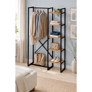 5 Raflı Metal Gardırop Metal Portmanto Açık Gardırop Elbise Dolabı Metal Askılık Vestiyer Loftix Çam
