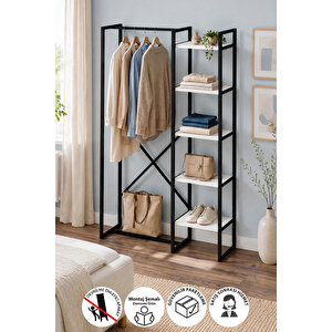5 Raflı Metal Gardırop Metal Portmanto Açık Gardırop Elbise Dolabı Metal Askılık Vestiyer Loftix Beyaz