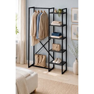 5 Raflı Metal Gardırop Metal Portmanto Açık Gardırop Elbise Dolabı Metal Askılık Vestiyer Loftix Antrasit