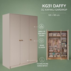 Kg3130 Daffy Üç Kapaklı Gardırop Kumtaşı Çok Bölmeli Geniş İç Hacimli Bebek Ve Çocuk Odası Gardırobu