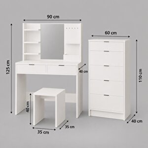U5070 Geniş Dolaplı Tabureli Diena Makyaj Masası Seti Beyaz - Aynalı, Raflı Ve 5 Çekmeceli