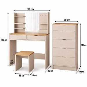 U5080 Geniş Dolaplı Tabureli Diena Makyaj Masası Seti Sepet-kumtaşı - Aynalı, Raflı Ve 5 Çekmeceli