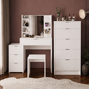 U3070 Geniş Dolaplı Tabureli İzabel Makyaj Masası Seti Beyaz - Aynalı, Raflı Ve 5 Çekmeceli