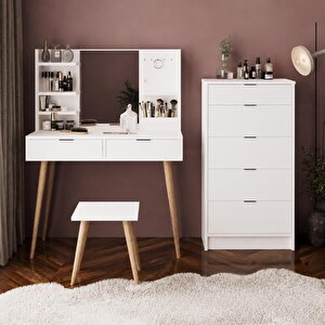 U4070 Geniş Dolaplı Tabureli Bella Makyaj Masası Seti Beyaz - Aynalı, Raflı Ve Torna Ayaklı